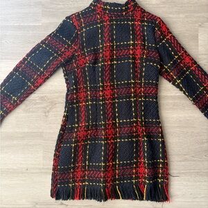 Plaid Fringe Knit Dress - Black, Red & Yellow